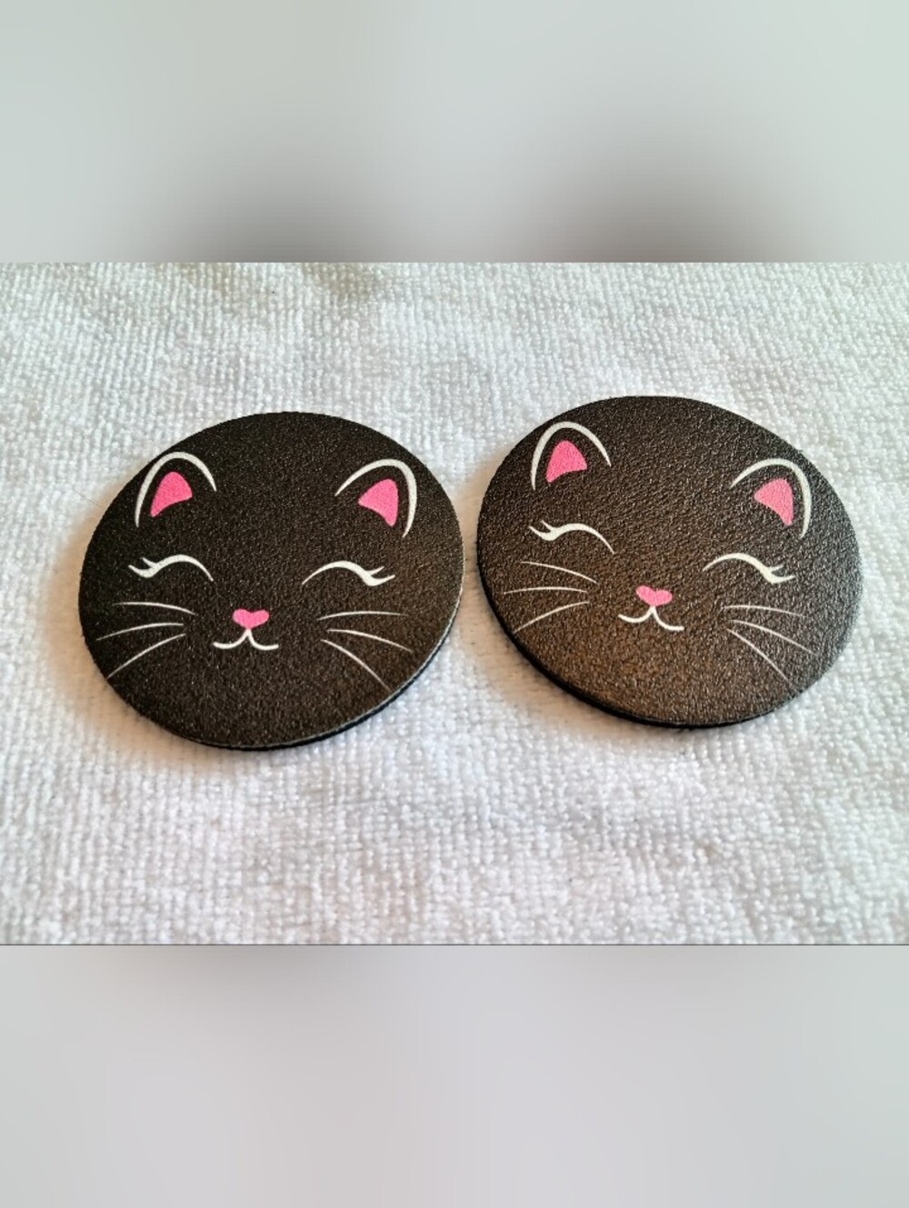 Cute Black Cat Face Car Beverage/Cup Auto Coasters with Pink Accent (Set of 2)